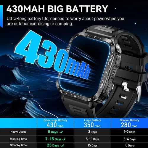 Vista 4 de Reloj Inteligente Militar para Hombres con Linterna LED Reloj de Pantalla Grande de 2.0'' Reloj Inteligente Táctico Batería Grande de 430mAh