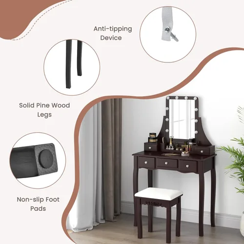 Vista 6 de CHARMAID - Mesa de tocador con espejo y luces, mesa de maquillaje con 5 cajones de almacenamiento, 3 modos de iluminación de color, brillo