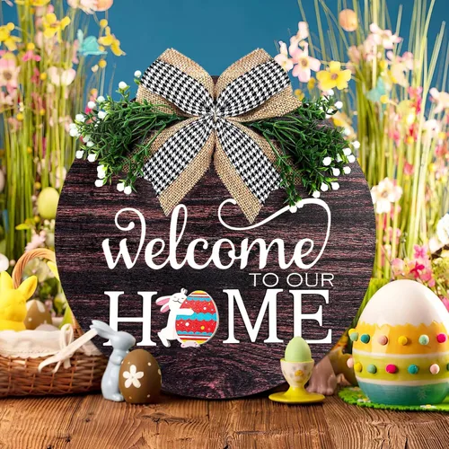 Vista 2 de Letrero de bienvenida de temporada intercambiable, decoración de puerta delantera, corona redonda de madera para exteriores, granja, porche