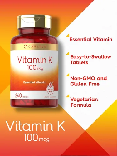 Vista 3 de Carlyle Vitamina K 100 mcg 240 tabletas Vegetariano, sin OMG, sin gluten Suplemento de vitamina K