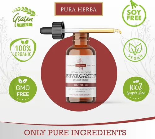 Vista 2 de Pura Herba Gotas líquidas orgánicas de Ashwagandha, tintura de raíz de ashwagandha, suplementos de hierbas con extracto de ashwagandha - 2 onzas