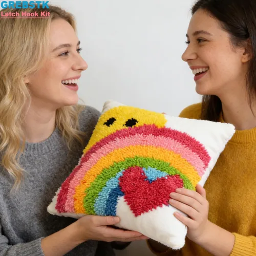 Vista 7 de GREBSTK Kit de gancho de pestillo DIY funda de almohada de sofá, cojín de sofá, patrón de sol y arcoíris, punto de cruz pintado, 16x16 pulgadas
