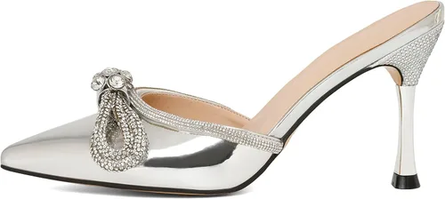 Zamikoo Sandalias tipo mule para mujer, sandalias de tacón alto con lazo, tacones brillantes con diamantes de imitación para el verano, 3.5 pulgadas