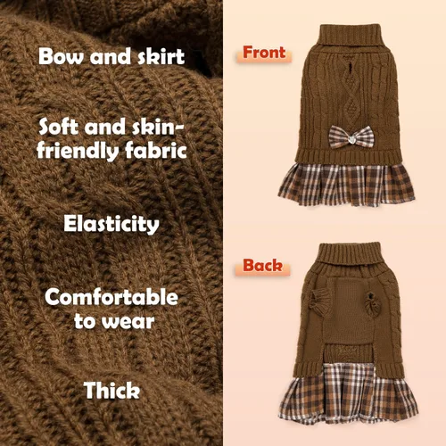 Vista 2 de YUDODO Vestido suéter para perro pequeño con corbata de cuello alto y lazo - Ropa de invierno tejida para perros hembras - Suéter cálido para Marrón
