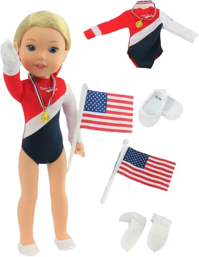 American Fashion World Juego de gimnasia para muñecas de 14 pulgadas | Juego de 5 piezas | Calidad premium y diseño moderno | Ropa de muñecas | Moda