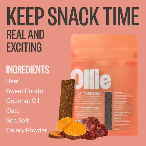 Vista 4 de Ollie Golosinas para Perros de Carne de Res y Batata Dulce Tipo Jerky, Paquete de 5 oz de 1, Completamente Naturales, Bocadillos Saludables, Hechas