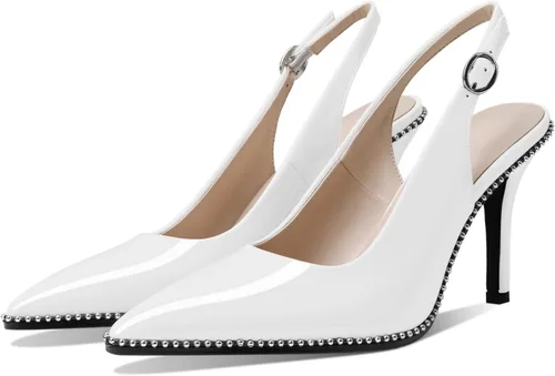 Vista 5 de Zamikoo Zapatos de tacón alto con cuentas para mujer, con puntera puntiaguda, correa de tobillo de 3.5 pulgadas, hebilla ajustable, charol de piel