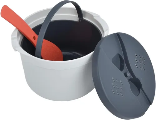 Vista 4 de Olla arrocera para microondas, vaporera para microondas, olla para pasta, 2 L, juego de arrocera para microondas, pasta, papa, verduras, quinua
