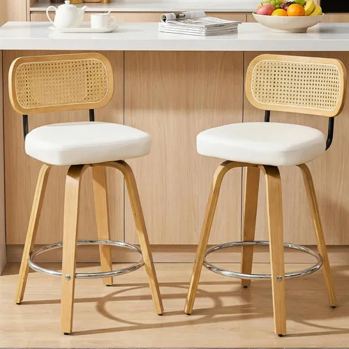 Vista 13 de Juego de 2 taburetes de bar de ratán natural, taburetes de bar tapizados de cuero PU de altura de mostrador con respaldo y patas de madera curvada