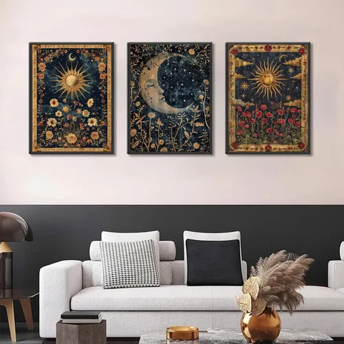 Vista 7 de Lienzo con marco negro con sol y luna celestial, arte de pared, tarot, luna creciente, decoración de pared, cuadros góticos de flores silvestres