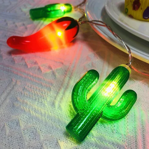 Vista 6 de Guirnalda de luces artificiales de cactus verde chile rojo, 20 LED, luces de noche de hadas de Navidad, funciona con pilas, para decoración de bodas
