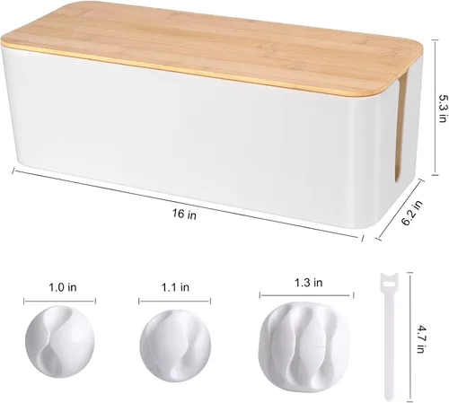 Vista 2 de Caja organizadora de cables, caja organizadora de cables grande de estilo de madera blanca para ocultar cables, caja organizadora de cables grande