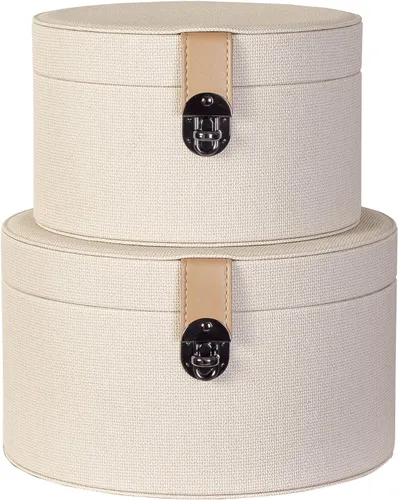 Vista 12 de Juego de 2 cajas decorativas redondas de cuero artificial azul con hebilla decorativa negra para decoración del hogar