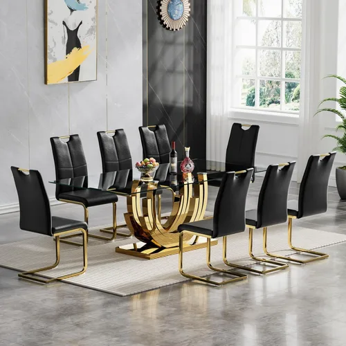 Vista 18 de Pvillez Juego de mesa de comedor de cristal dorado moderno de 70 pulgadas para 4, juego de mesa rectangular de 5 piezas con base de acero