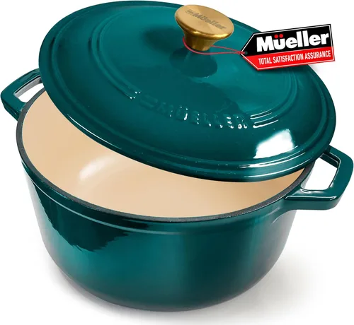 Vista 17 de MUELLER HOME Horno Holandés de Hierro Fundido Esmaltado de 4.5 QT, Cacerola de Servicio Pesado y Sartén Braseadora con Tapa y Perilla de Acero