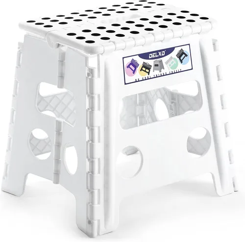 Vista 12 de Delxo Taburete plegable de 17.5 pulgadas, taburete plegable para adultos con bloqueo de seguridad, taburete plegable portátil de plástico, taburetes