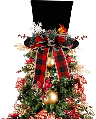 yofit Sombrero de Copa para Árbol de Navidad, Sombrero de Terciopelo Negro con Lazo de Cuadros Búfalo Rojos, Copo de Nieve de Bayas Rojas,