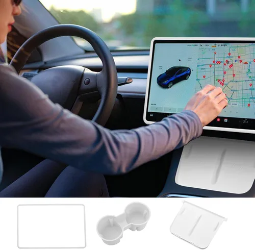 Vista 6 de TOPABYTE 3 piezas de accesorios para consola central para Tesla Model Y 2021-2024 y Model 3 2021-2023, inserto para portavasos, protector de borde