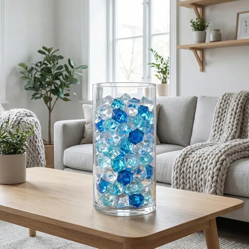 Vista 3 de HappyFiller 14 OZ Gemas acrílicas de imitación de cristal en forma de roca de hielo azul, transparentes mixtas para llenar jarrones de vidrio