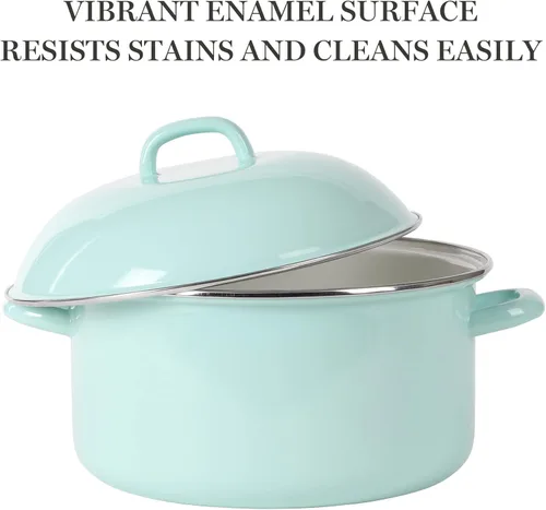Vista 3 de Martha Stewart Thayer - Horno holandés esmaltado en acero resistente a los arañazos de 6.4 cuartos de galón con tapa, azul Martha, seguro