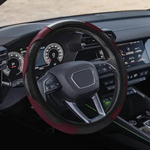 Vista 16 de Funda para volante de automóvil, 15 pulgadas, fibra de carbono, microfibra de cuero PU elástico, protector para volante, accesorios universales