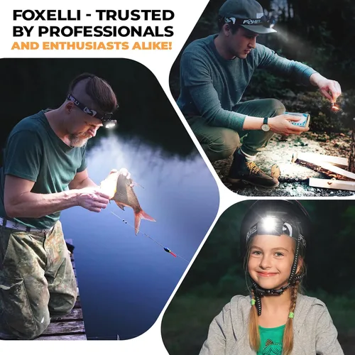 Vista 6 de Foxelli Linterna frontal LED recargable: luz de cabeza súper brillante, ligera y cómoda para correr, acampar, senderismo y trabajo, adecuada