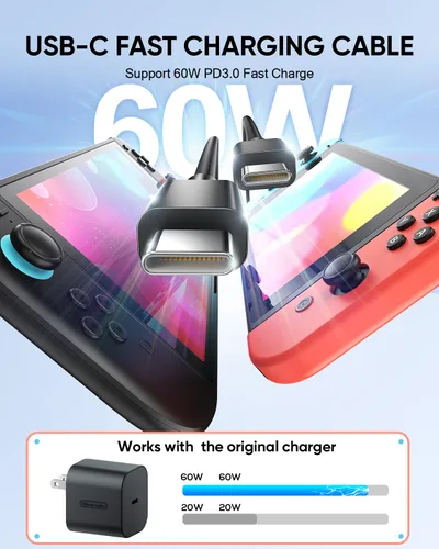 Vista 5 de Paquete de 2 cables de carga rápida Switch 2 para adaptador original Nintendo 2, cargador USB-C de 5 pies y 60 W, cargador USB-C de 5 pies y 60 W