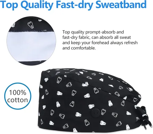 Vista 5 de QBA Gorra de trabajo ajustable con botón, gorro de trabajo de algodón, banda elástica para atar en la espalda, para mujeres y hombres, talla única