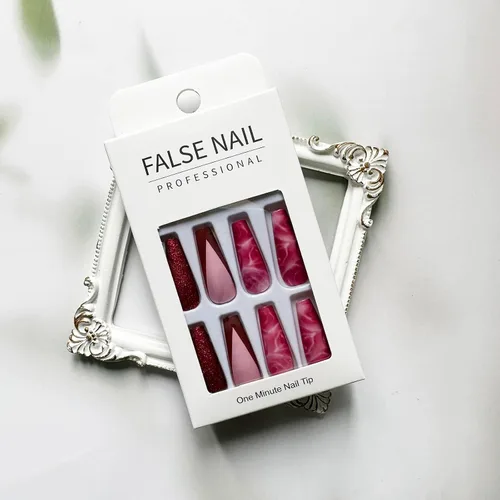 Vista 2 de 24 uñas postizas de punta francesa a presión, uñas postizas largas con diseño de rosa con purpurina, uñas postizas de cobertura completa, uñas