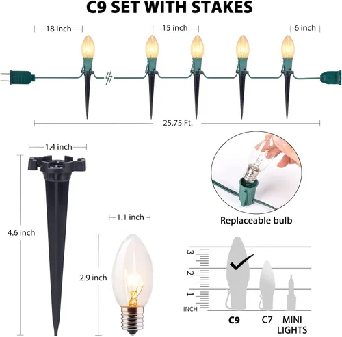 Vista 4 de Brightown Tira de luces LED estilo sendero de Navidad para exteriores; tira de 20 luces LED C9 de 25.7 pies con 20 estacas interconectables y a