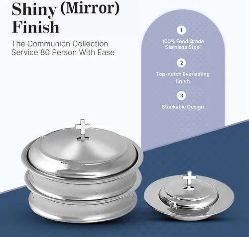 Vista 2 de Communion Ware - 2 bandejas para servir vino santo con tapa y 1 plato de pan apilable con tapa, acero inoxidable (espejo/plateado)