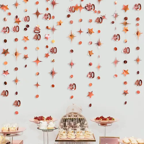 Vista 17 de Decoración de cumpleaños número 40 en negro, punto de círculo número 40, guirnalda de estrellas centelleantes metálica para colgar banderines