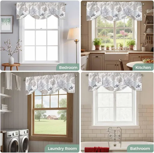 Vista 5 de Cenefa de amarre para ventanas, cortinas náuticas costeras de coral, cenefas con bolsillo para barra, cortinas de ventana con temática de playa