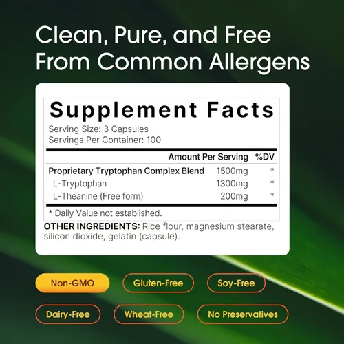 Vista 3 de NatureBell Complejo L-triptófano - 300 cápsulas - Triple fuerza 1,300 mg de L-triptófano con 200 mg de L-teanina de forma libre - Fórmula de apoyo