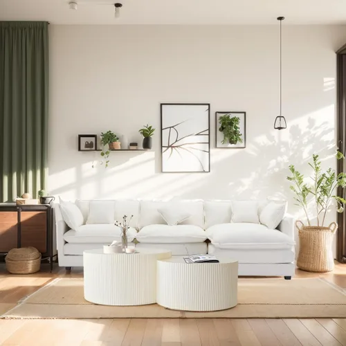 Vista 7 de Juego de 2 mesas auxiliares anidadas, moderna mesa de centro redonda con rayas laterales para sala de estar, dormitorio, color beige