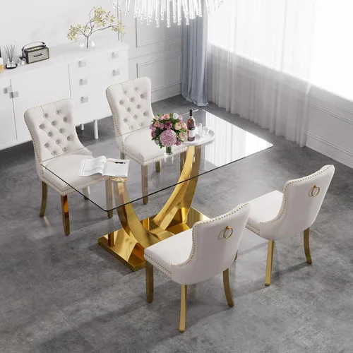 Vista 55 de Juego de mesa de comedor de cristal moderno de mediados de siglo para 6, 63 pulgadas, juego de comedor rectangular grande de lujo con parte superior