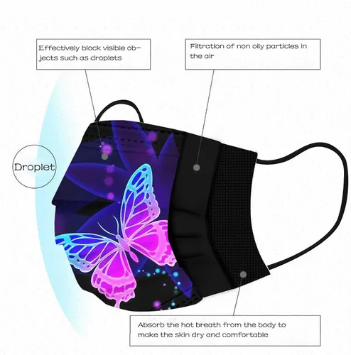 Vista 5 de Paquete de 50 mascarillas desechables para adultos con diseños de lindas mariposas, máscaras de papel impresas