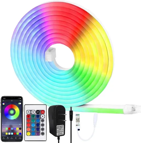 Tira de luces LED de neón de 16.4 pies con control de aplicación y control remoto de 12 V CC flexible RGB luces de neón para dormitorio decoración