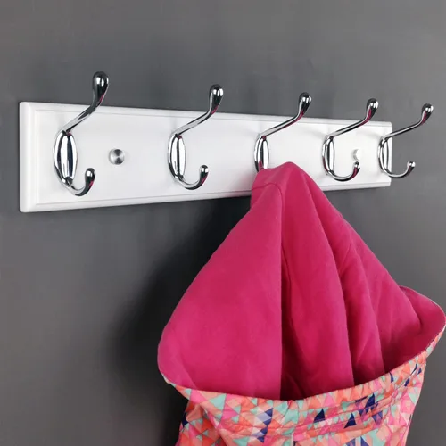 Vista 3 de Perchero de pared con 5 ganchos plateados de madera, 17.3’’, Ganchos resistentes para colgar ropa, sombrero, mochila, etc., Gran decoración moderna