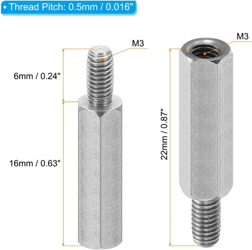Vista 2 de PATIKIL M3x16mm+0.236 in - Separador hexagonal macho-hembra, paquete de 20 tornillos de separación de PCB de acero inoxidable para placas base