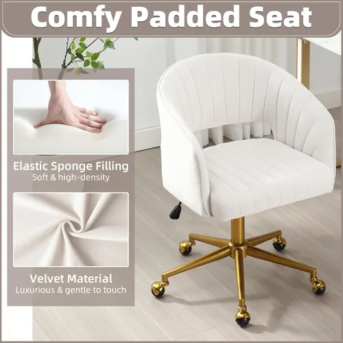Vista 77 de ABET Silla de escritorio con ruedas, silla de terciopelo para oficina en casa, sillón giratorio con base dorada, sillas decorativas modernas