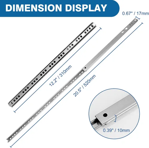 Vista 5 de 2 guías de cajón con rodamientos de bolas de 12 pulgadas, 2 rieles de metal plegables, riel deslizante bidireccional con tornillos de montaje, 0.67