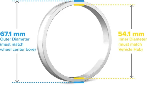 Vista 2 de Anillos espaciadores centrales de 54.1 mm de DI a 67.1 mm de DE, anillos espaciadores de aluminio plateado, solo compatible con Scion, Mazda