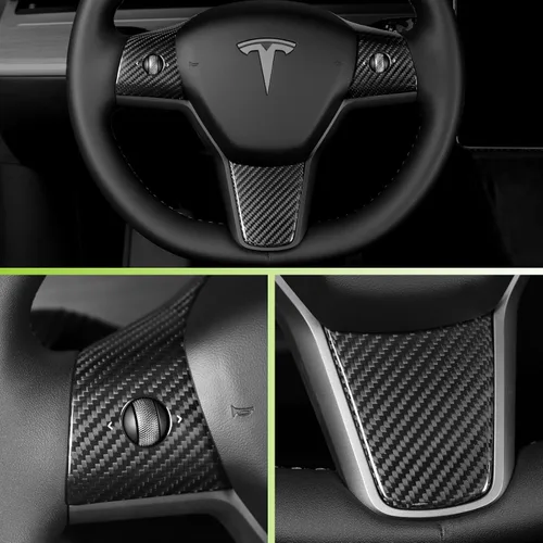 Vista 5 de Funda de Tapacubos de Volante 3 Piezas para Modelo 3&Y 2017-2023, 3K Fibra de Carbono Seca Toray Accesorios Interiores Compatibles con Tesla