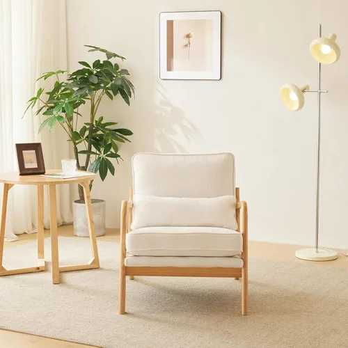 Vista 5 de VINGLI Acogedoras sillas de sala de estar, juego de 2 sillas decorativas de lino grueso beige, sillas de madera para dormitorio, cómodas sillas