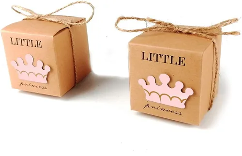 SCCJGL 50 cajas de regalo de princesa para baby shower + 50 lazos de cordel, bolsa de dulces, caja de regalo de papel kraft rústico para baby
