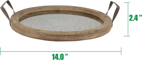 Vista 4 de Stonebriar Bandeja redonda de madera marrón con asas de metal y espejo envejecido, bandeja rústica de servicio de mayordomo, centro de mesa vintage