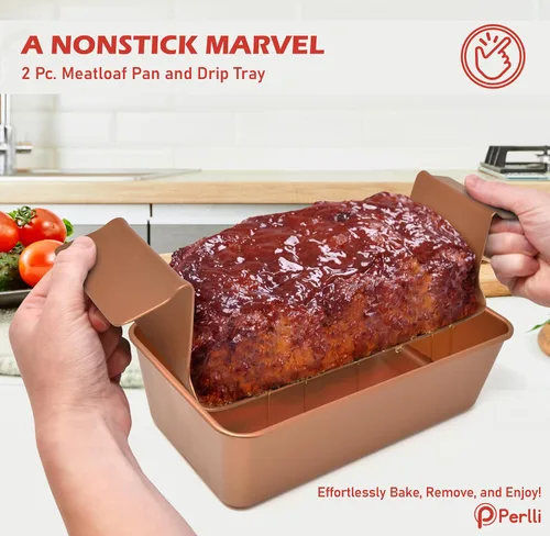 Vista 2 de PERLLI Molde para pan de carne con bandeja de goteo, 2 unidades, 9.8 x 5.7 pulgadas, sartén antiadherente de cobre para pastel de carne con bandeja