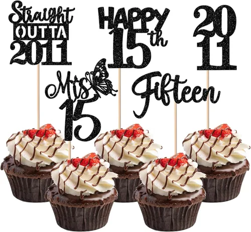 Vista 134 de 30 piezas de decoraciones para pastel de cumpleaños número 10, decoraciones de cupcakes negras con brillo, 10 feliz cumple, directo desde 2016, 10