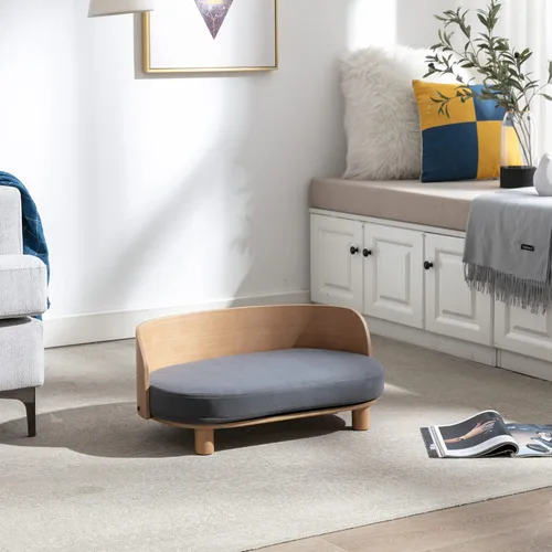 Vista 12 de HomSof Cama elevada para perros y gatos de 26.38 pulgadas, sofá para mascotas con patas de madera maciza y respaldo de madera doblada con cojín